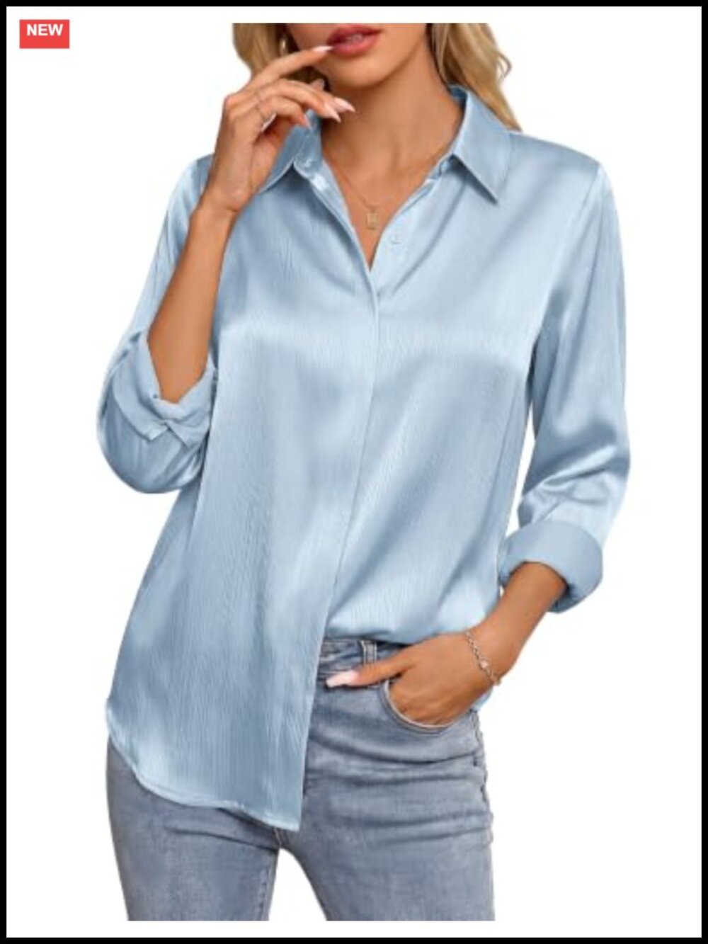 Silky Satin Button Down Blouse Long Sleeve Slim Fit Work Top